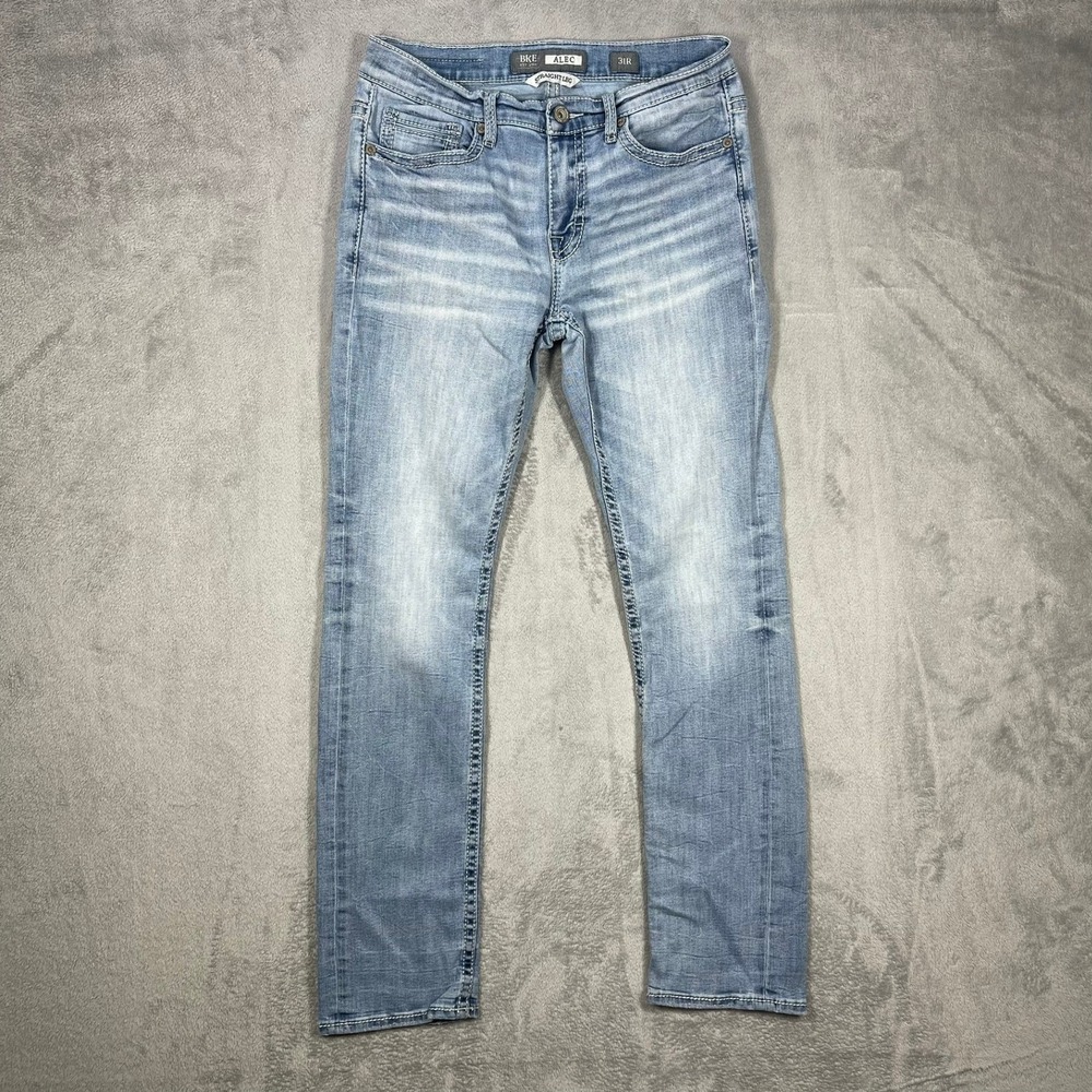 BKE Alec Straight Leg Jeans Mens 31R(30x30.5) Light Wash Whiskered Stretch READ